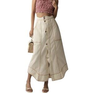 Farm Rio Denim Wave Maxi Skirt, White, Cotton, Contrast Stitch, Button Front, 26